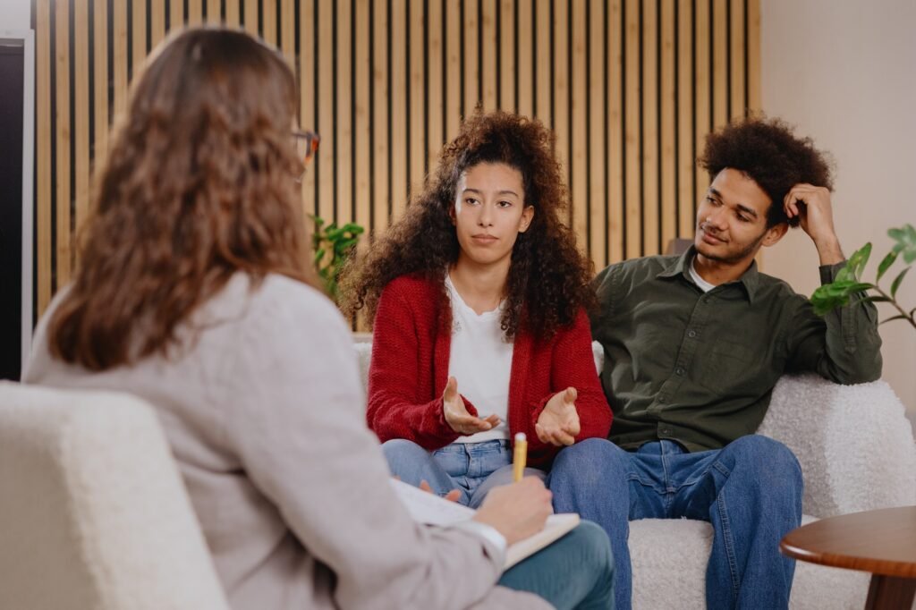 couple of man and woman at psychologist, taking care of mental health in relationship.